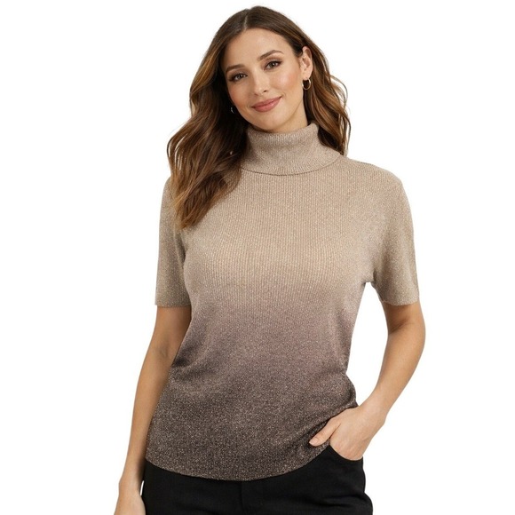 Nygard Collection Sweaters - Nygard Women's Sz L Brown Shimmery Turtleneck Short Sleeve Knit Sweater Top